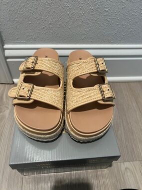 Pierre Dumas Tan Woven Double-Buckle Slide Sandals